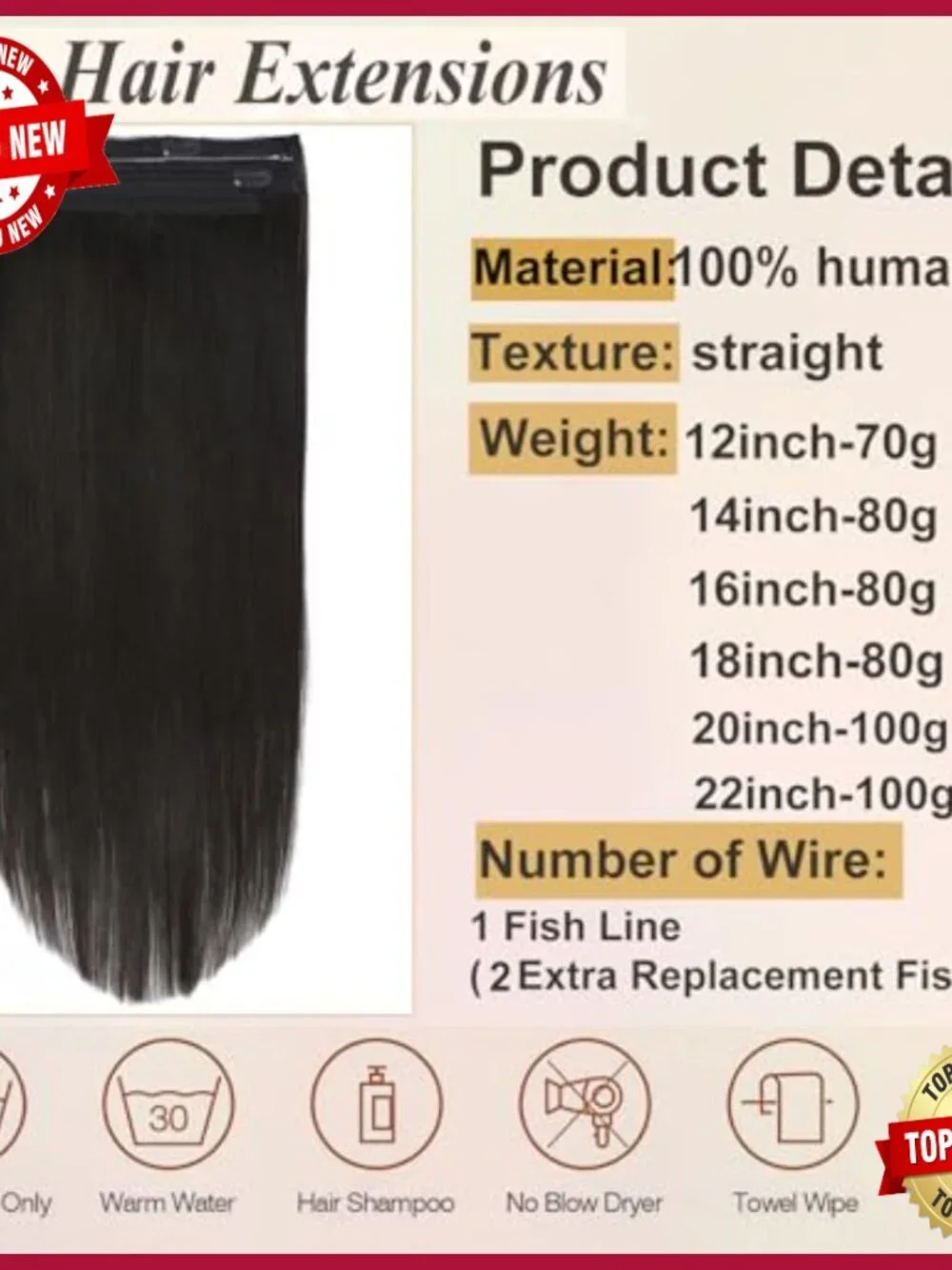 20 Inch Straight Human Hair Extensions with Invisible Wire and Clips